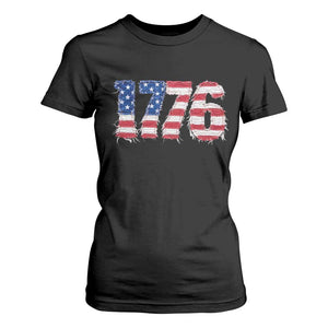 Distressed Faux Patchwork 1776 USA Flag T Shirt For Women Vintage Effect Printing Patriotic Graphic 4th Of July Independence Day