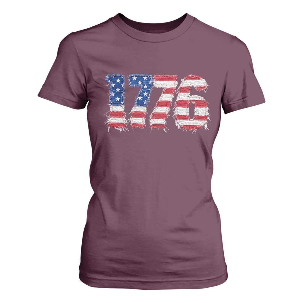 Distressed Faux Patchwork 1776 USA Flag T Shirt For Women Vintage Effect Printing Patriotic Graphic 4th Of July Independence Day