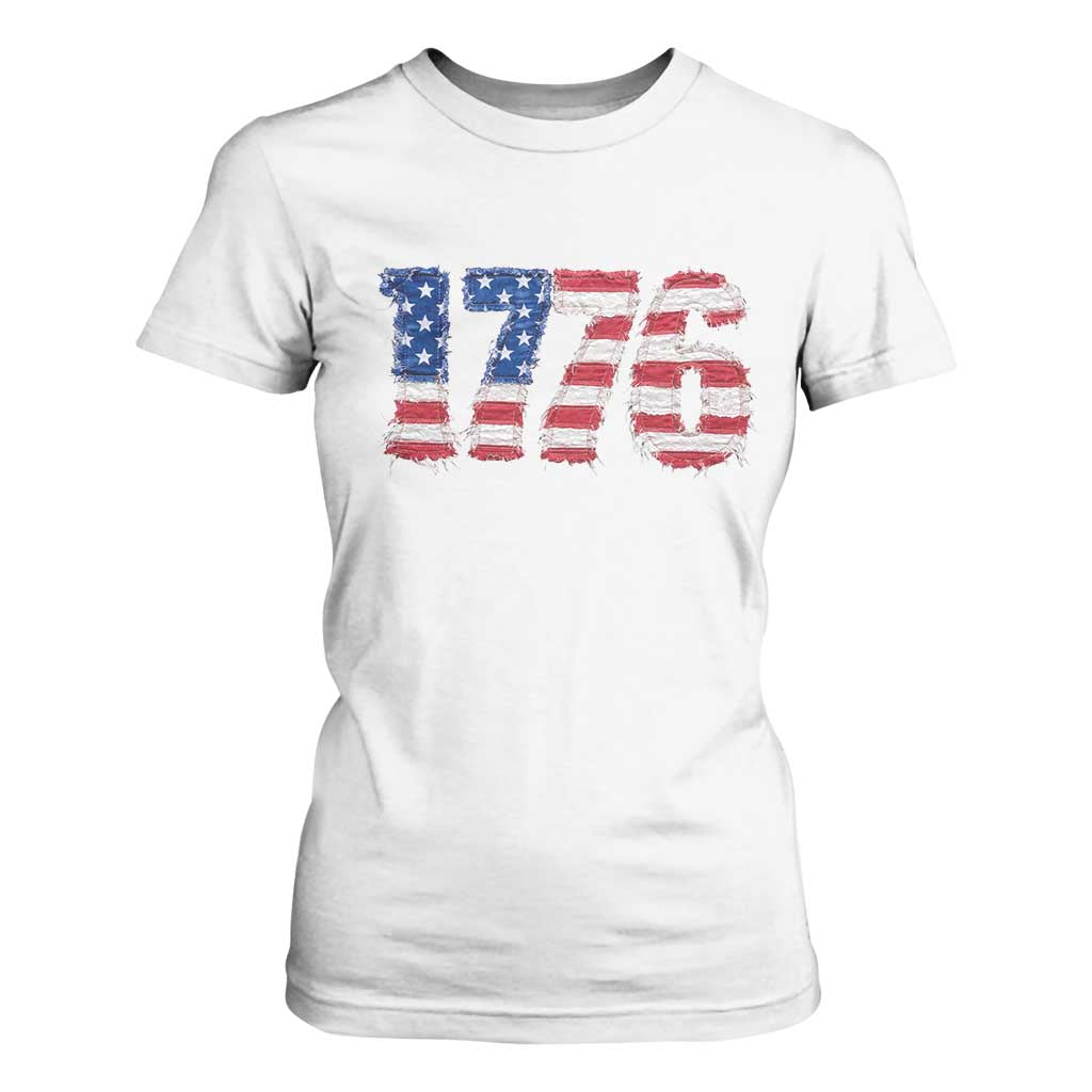 Distressed Faux Patchwork 1776 USA Flag T Shirt For Women Vintage Effect Printing Patriotic Graphic 4th Of July Independence Day