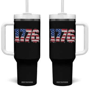 Distressed Faux Patchwork 1776 USA Flag Tumbler With Handle Vintage Effect Printing Patriotic Graphic 4th Of July Independence Day
