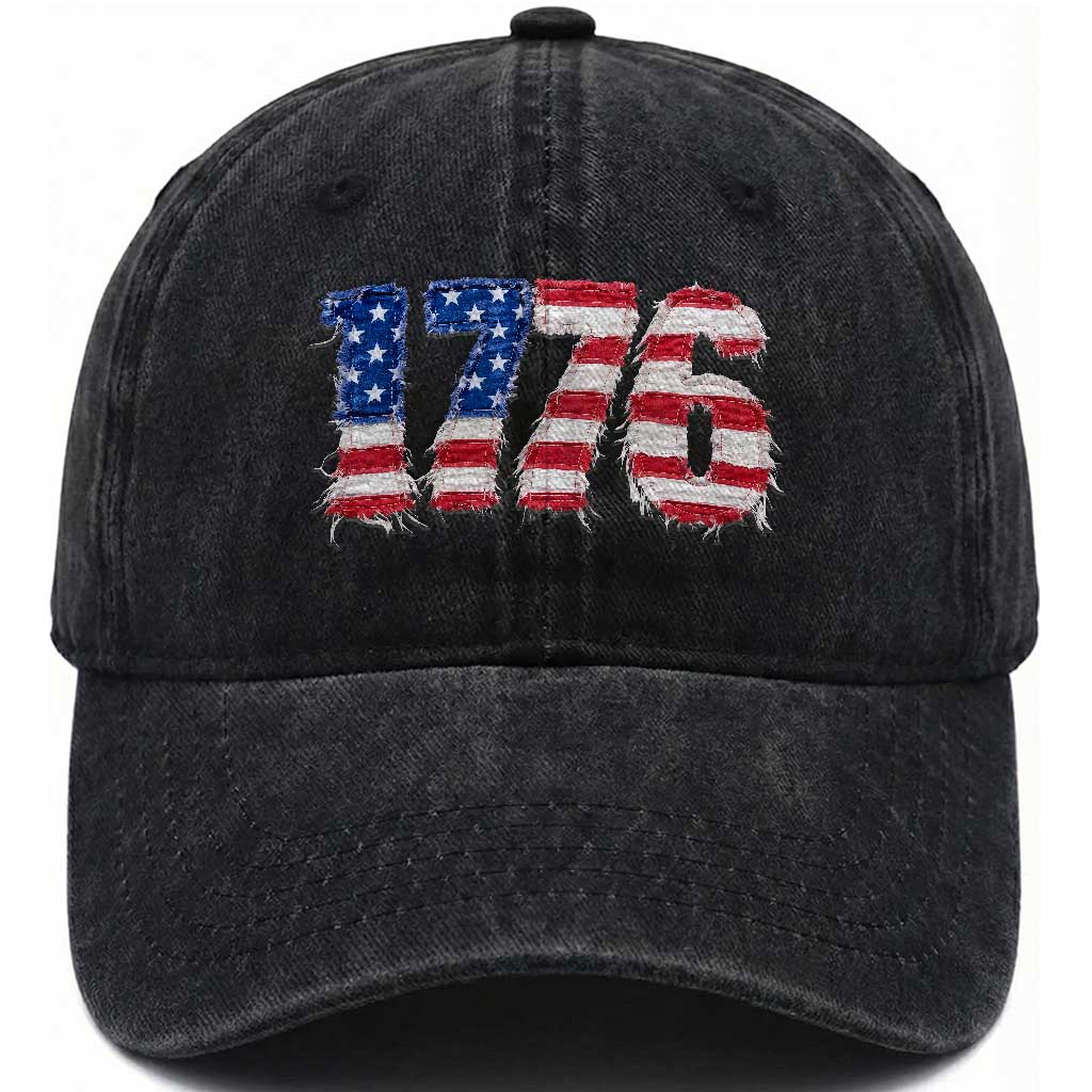 Distressed Faux Patchwork 1776 USA Flag Washed Cotton Baseball Cap Vintage Effect Printing Patriotic Graphic 4th Of July Independence Day TS10 Print Your Wear