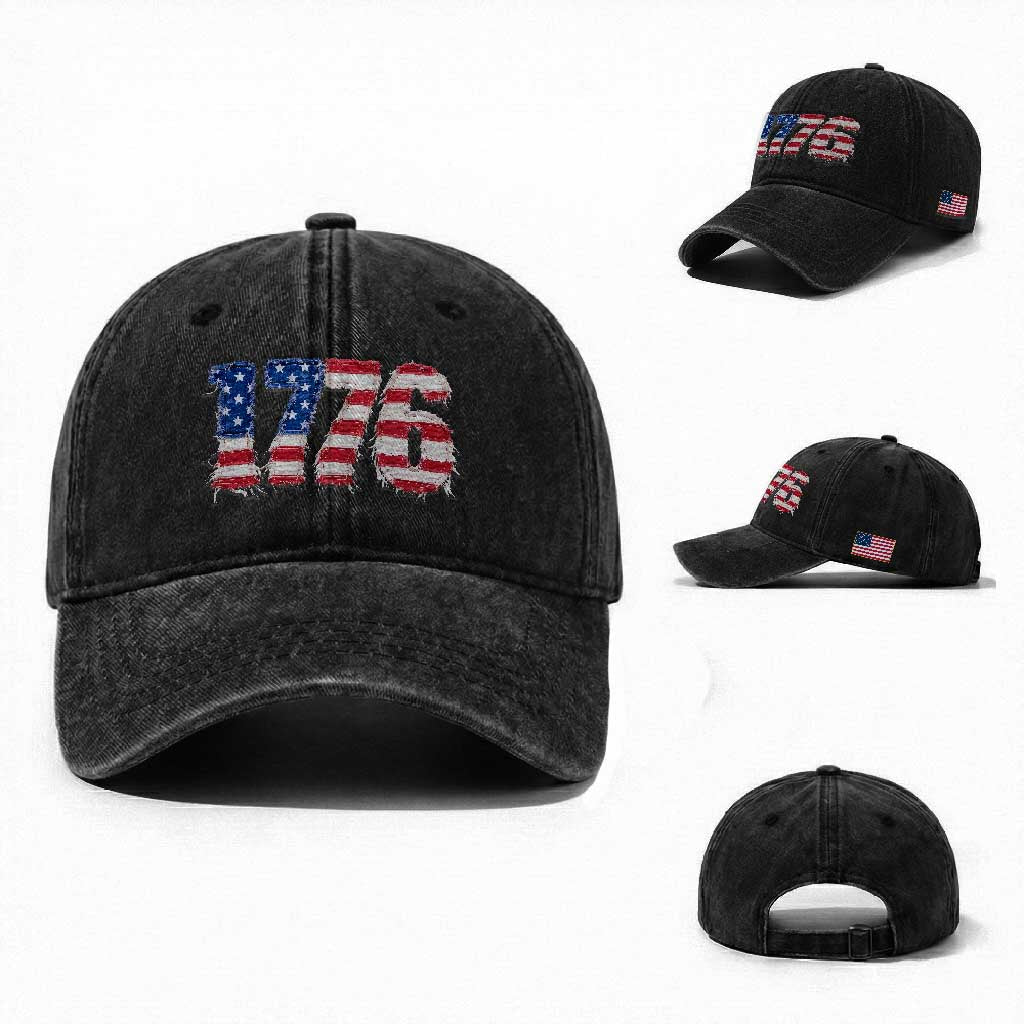 Distressed Faux Patchwork 1776 USA Flag Washed Cotton Baseball Cap Vintage Effect Printing Patriotic Graphic 4th Of July Independence Day