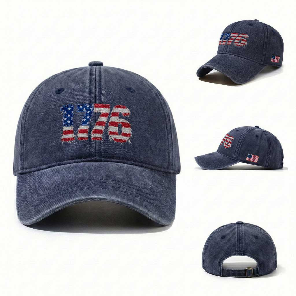 Distressed Faux Patchwork 1776 USA Flag Washed Cotton Baseball Cap Vintage Effect Printing Patriotic Graphic 4th Of July Independence Day
