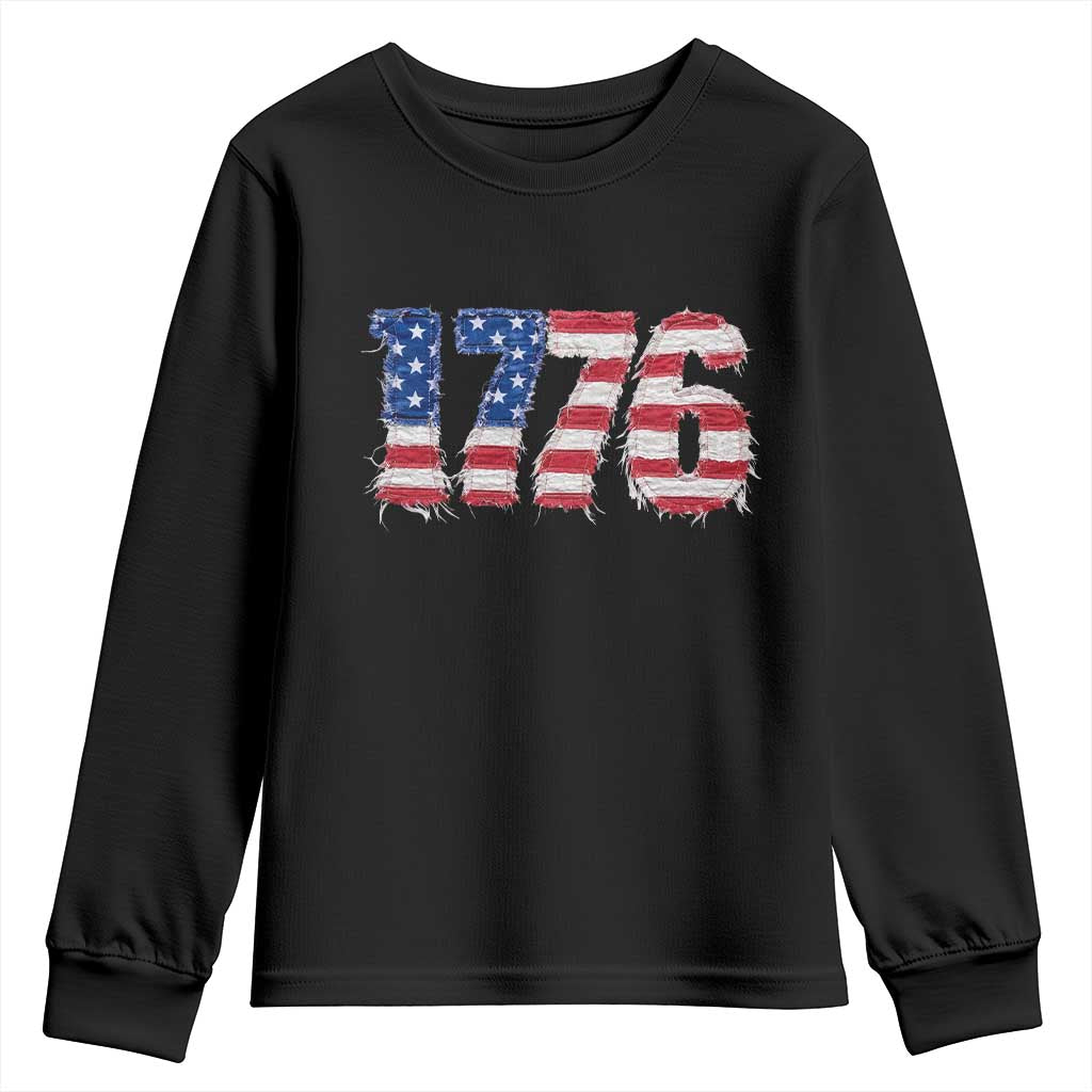 Distressed Faux Patchwork 1776 USA Flag Youth Sweatshirt Vintage Effect Printing Patriotic Graphic 4th Of July Independence Day TS10 Black Print Your Wear