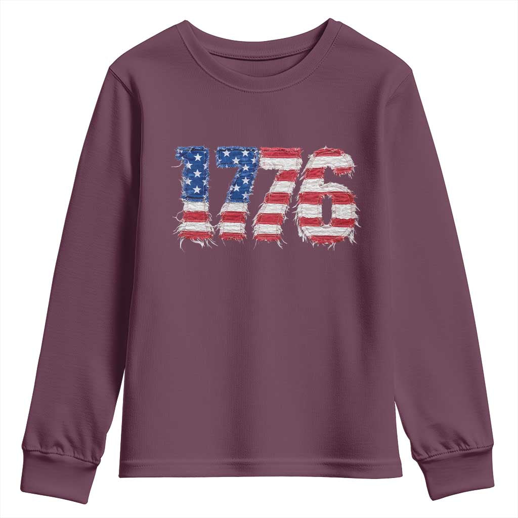 Distressed Faux Patchwork 1776 USA Flag Youth Sweatshirt Vintage Effect Printing Patriotic Graphic 4th Of July Independence Day