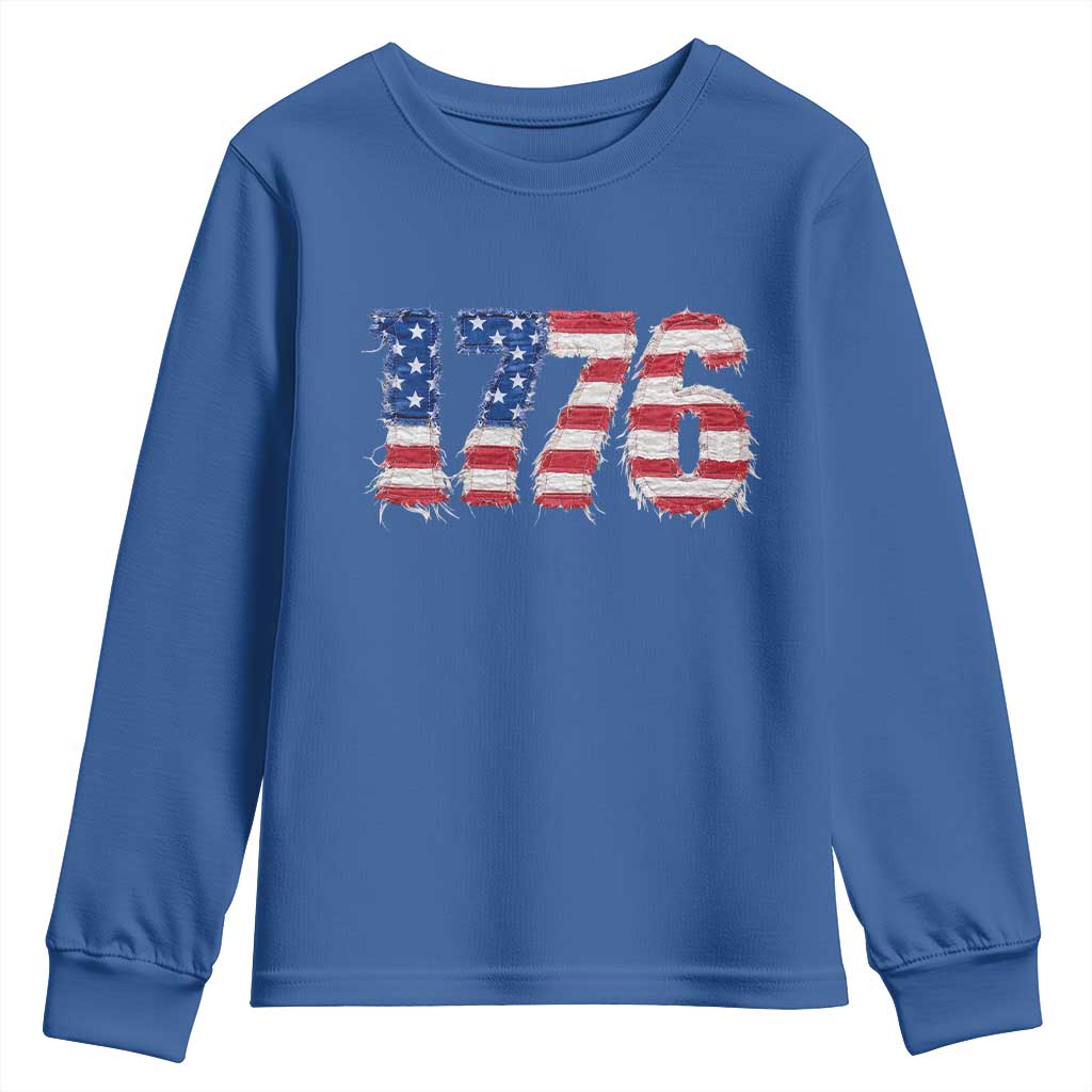 Distressed Faux Patchwork 1776 USA Flag Youth Sweatshirt Vintage Effect Printing Patriotic Graphic 4th Of July Independence Day