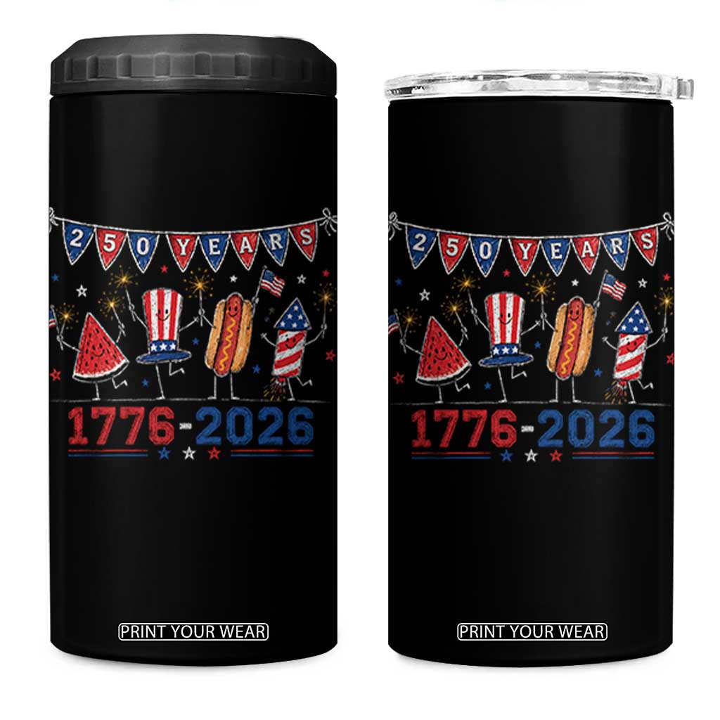 250 Years American 1776 2026 4 in 1 Can Cooler Tumbler Patriotic Watermelon Hotdog Firework 250th 4th July Independence Day
