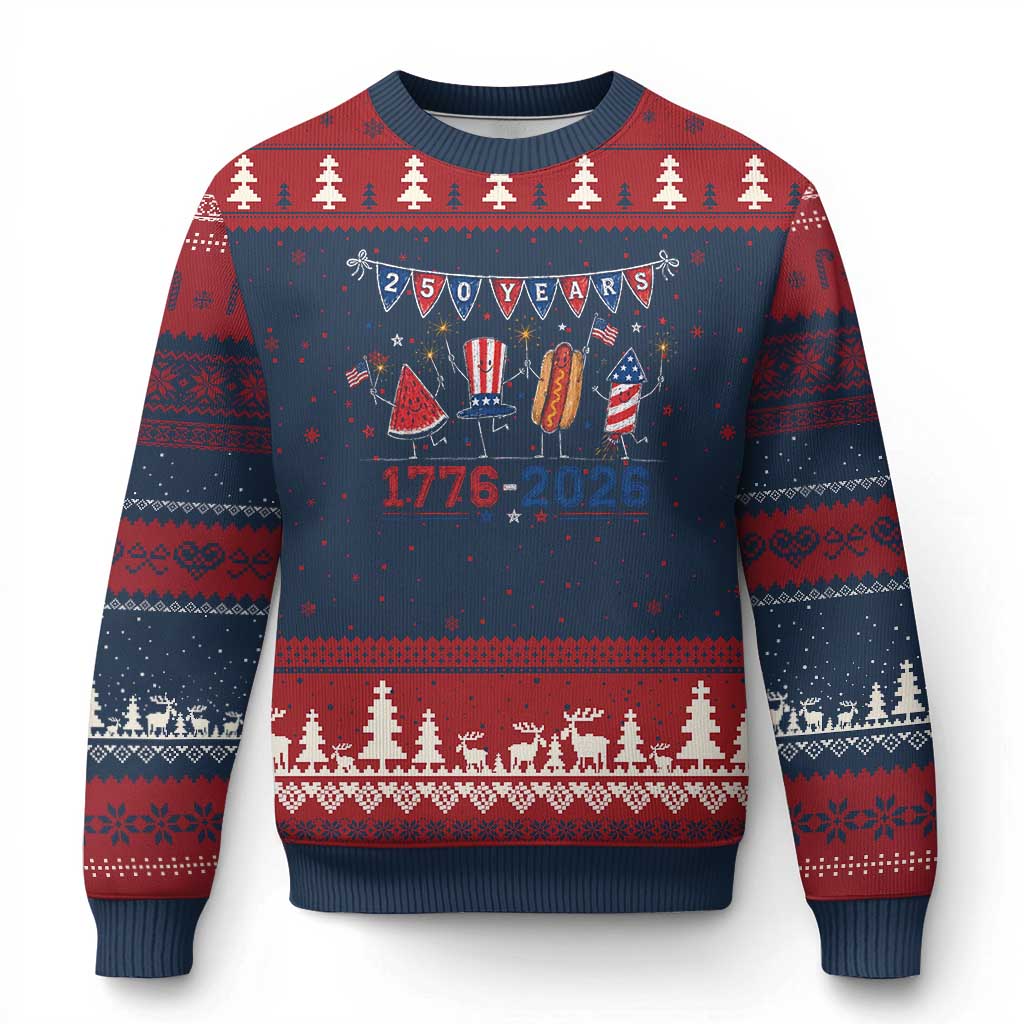 250 Years American 1776 2026 Ugly Christmas Sweater Patriotic Watermelon Hotdog Firework 250th 4th July Independence Day TS10 Navy Red Print Your Wear