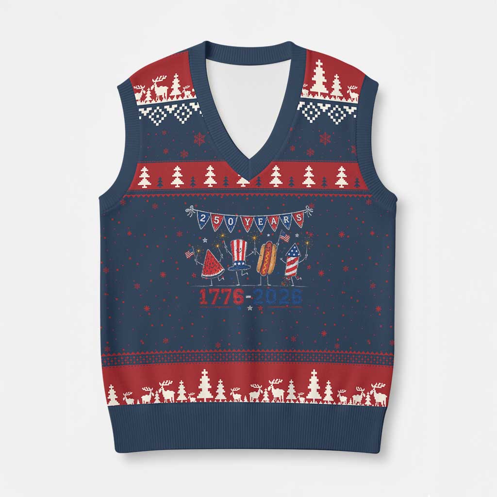 250 Years American 1776 2026 V-Neck Knit Sweater Vest Patriotic Watermelon Hotdog Firework 250th 4th July Independence Day TS10 Navy Red Print Your Wear