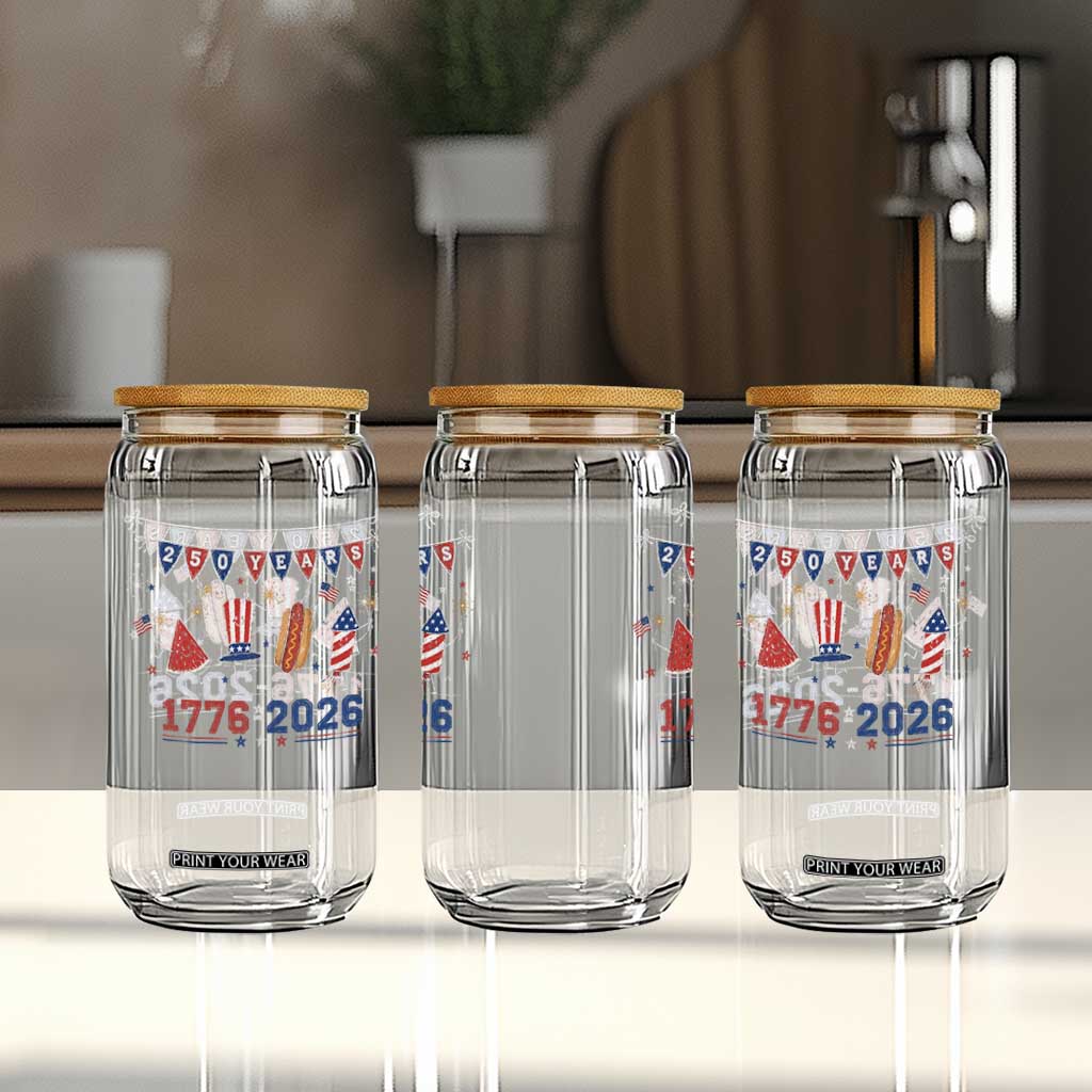 250 Years American 1776 2026 Glass Can Patriotic Watermelon Hotdog Firework 250th 4th July Independence Day