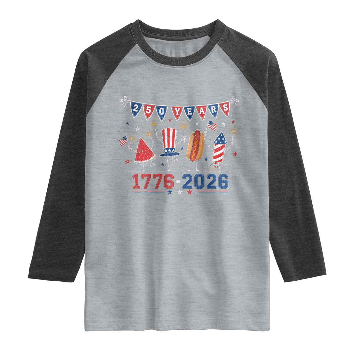 250 Years American 1776 2026 Raglan Shirt Patriotic Watermelon Hotdog Firework 250th 4th July Independence Day