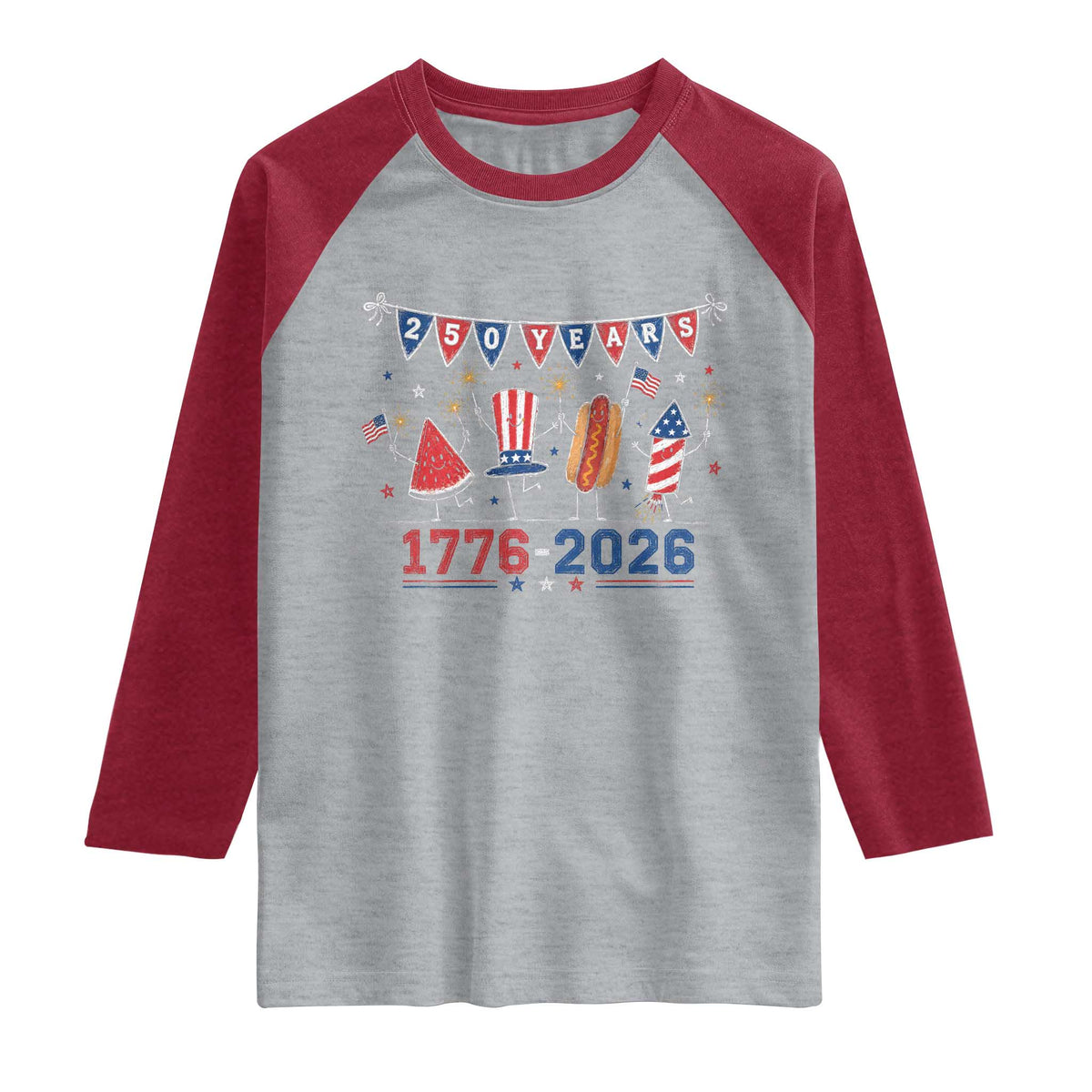 250 Years American 1776 2026 Raglan Shirt Patriotic Watermelon Hotdog Firework 250th 4th July Independence Day