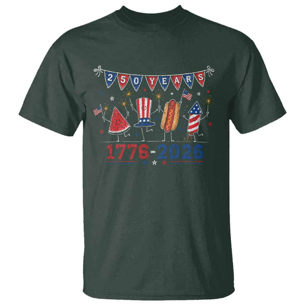 250 Years American 1776 2026 T Shirt Patriotic Watermelon Hotdog Firework 250th 4th July Independence Day
