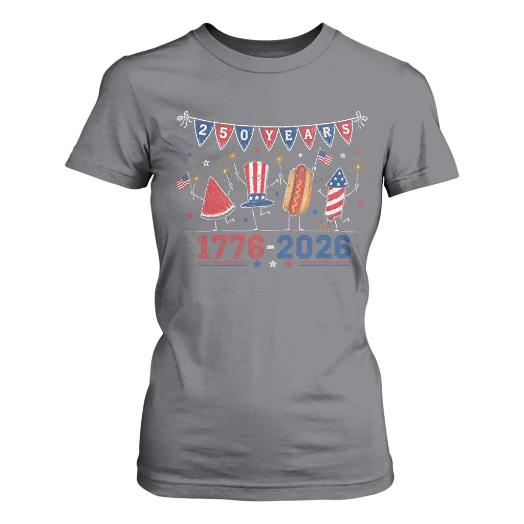 250 Years American 1776 2026 T Shirt For Women Patriotic Watermelon Hotdog Firework 250th 4th July Independence Day