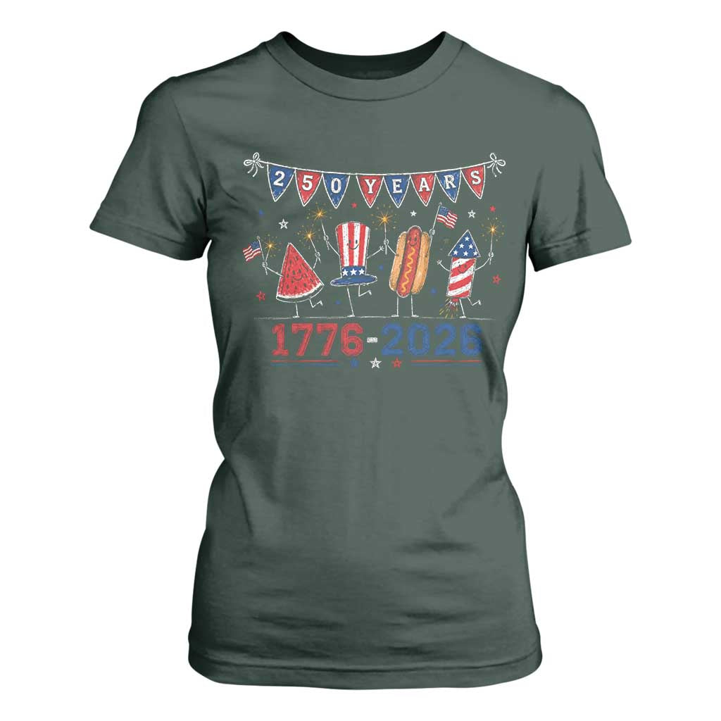 250 Years American 1776 2026 T Shirt For Women Patriotic Watermelon Hotdog Firework 250th 4th July Independence Day
