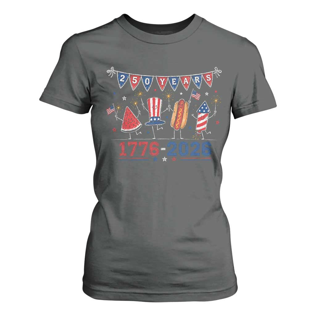 250 Years American 1776 2026 T Shirt For Women Patriotic Watermelon Hotdog Firework 250th 4th July Independence Day