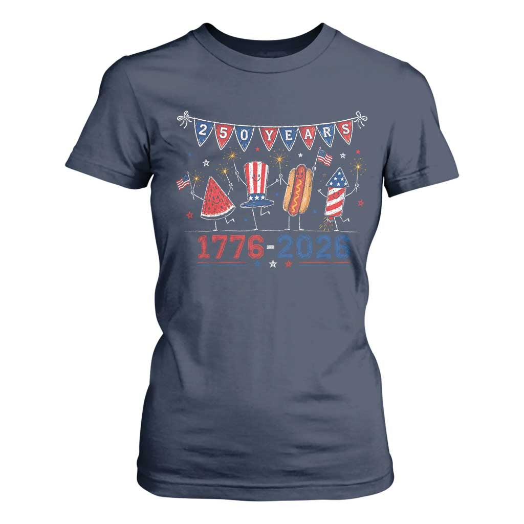 250 Years American 1776 2026 T Shirt For Women Patriotic Watermelon Hotdog Firework 250th 4th July Independence Day