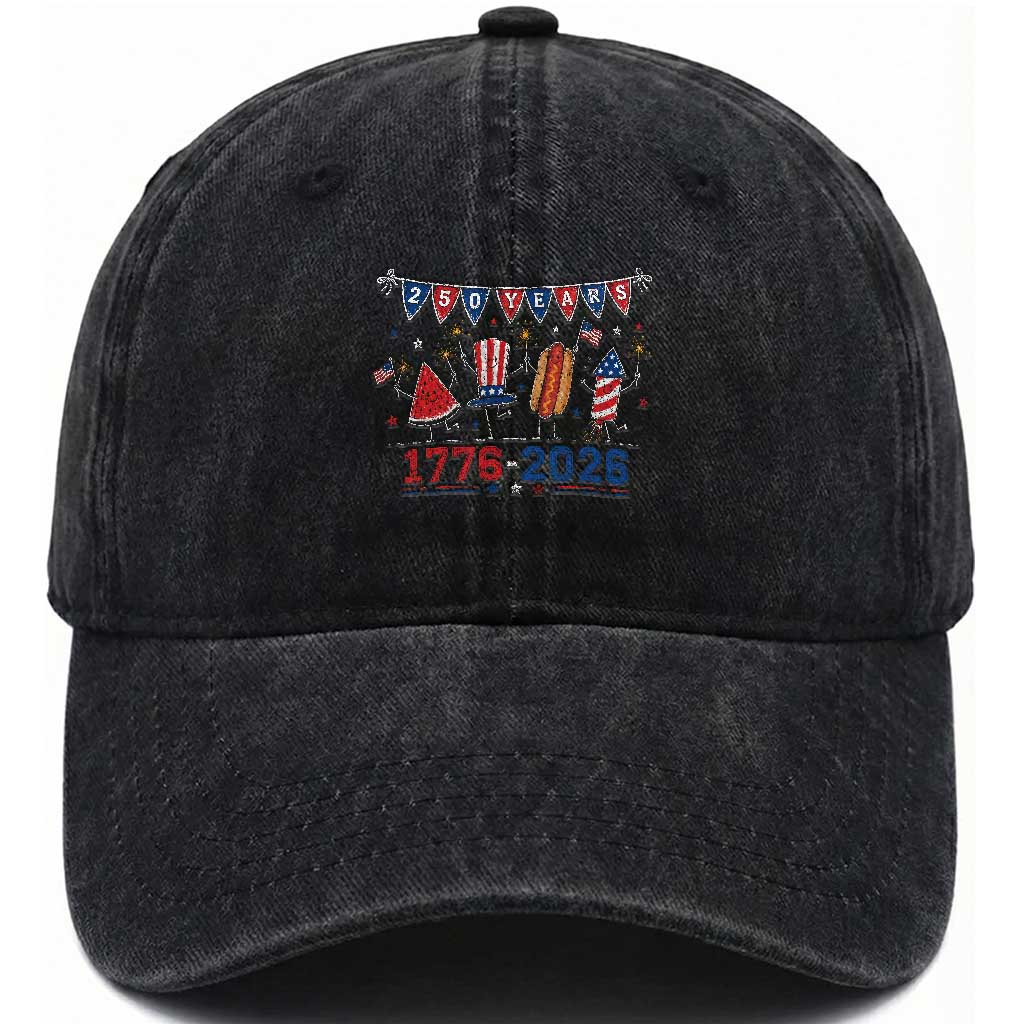 250 Years American 1776 2026 Washed Cotton Baseball Cap Patriotic Watermelon Hotdog Firework 250th 4th July Independence Day