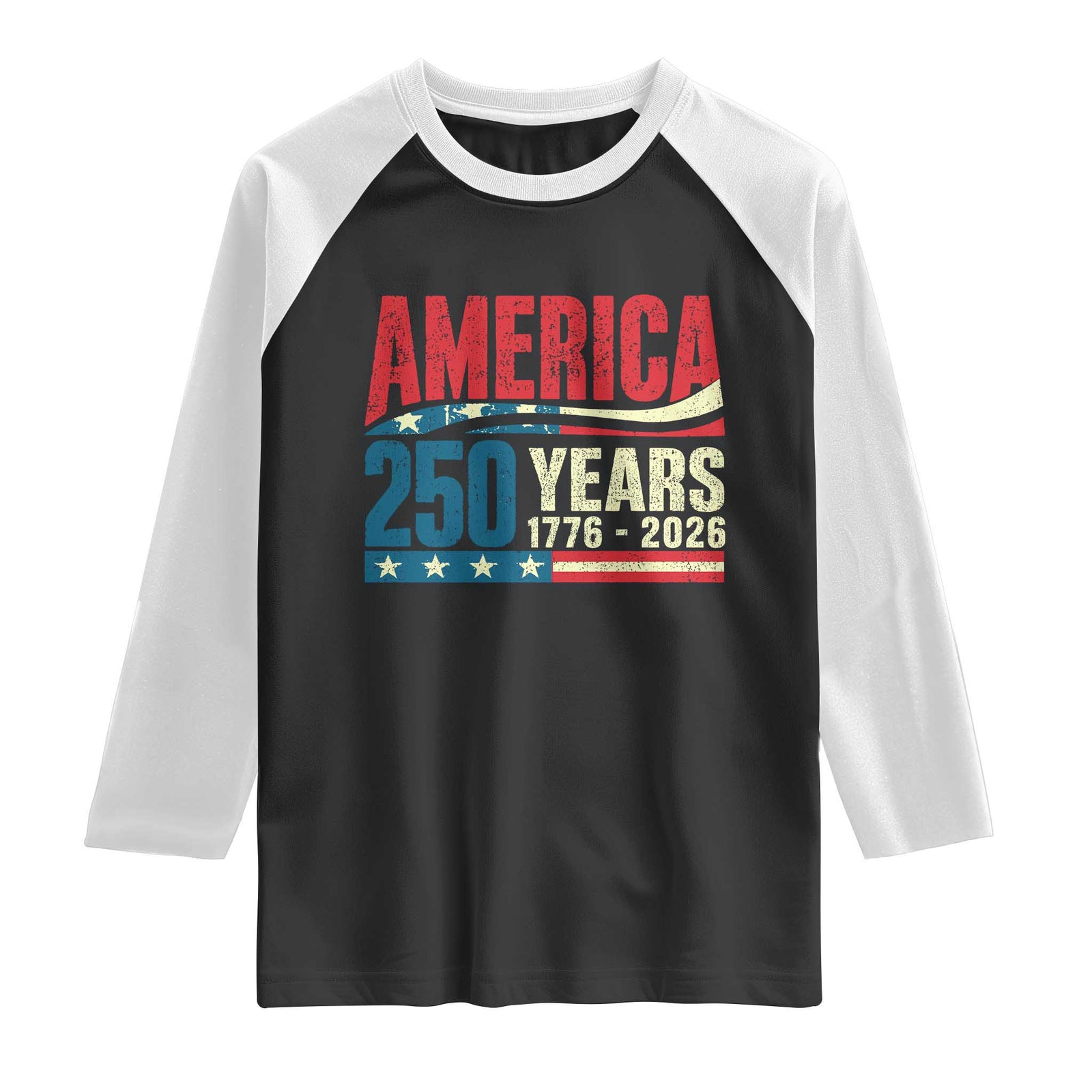 250th Anniversary USA Raglan Shirt Retro 250 Years American 1776 2026 US Flag TS10 Black White Print Your Wear