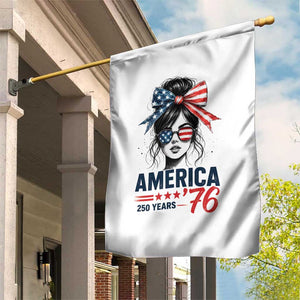 America 250 Years Garden Flag 250th Anniversary USA Patriotic Girl Messy Bun 1776 2026