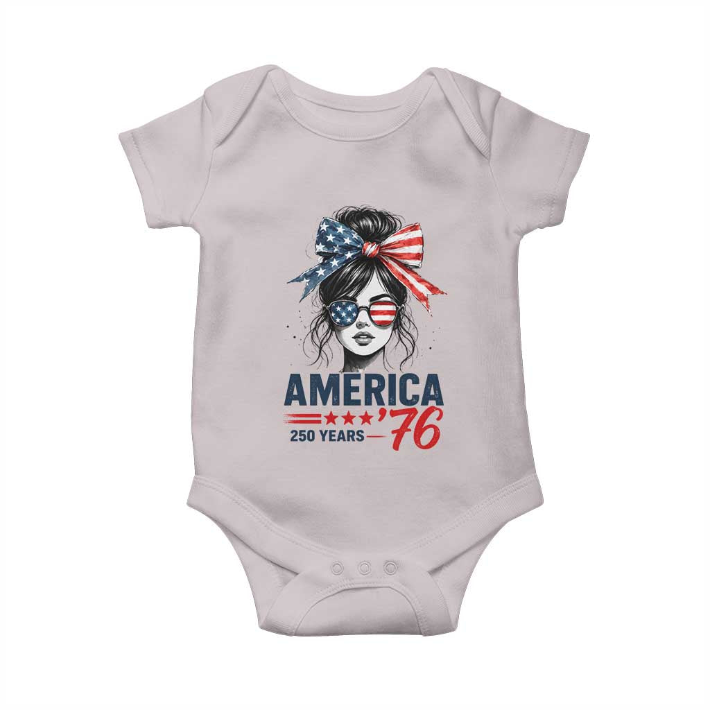 America 250 Years Baby Onesie 250th Anniversary USA Patriotic Girl Messy Bun 1776 2026