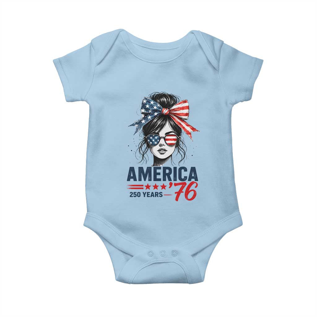 America 250 Years Baby Onesie 250th Anniversary USA Patriotic Girl Messy Bun 1776 2026
