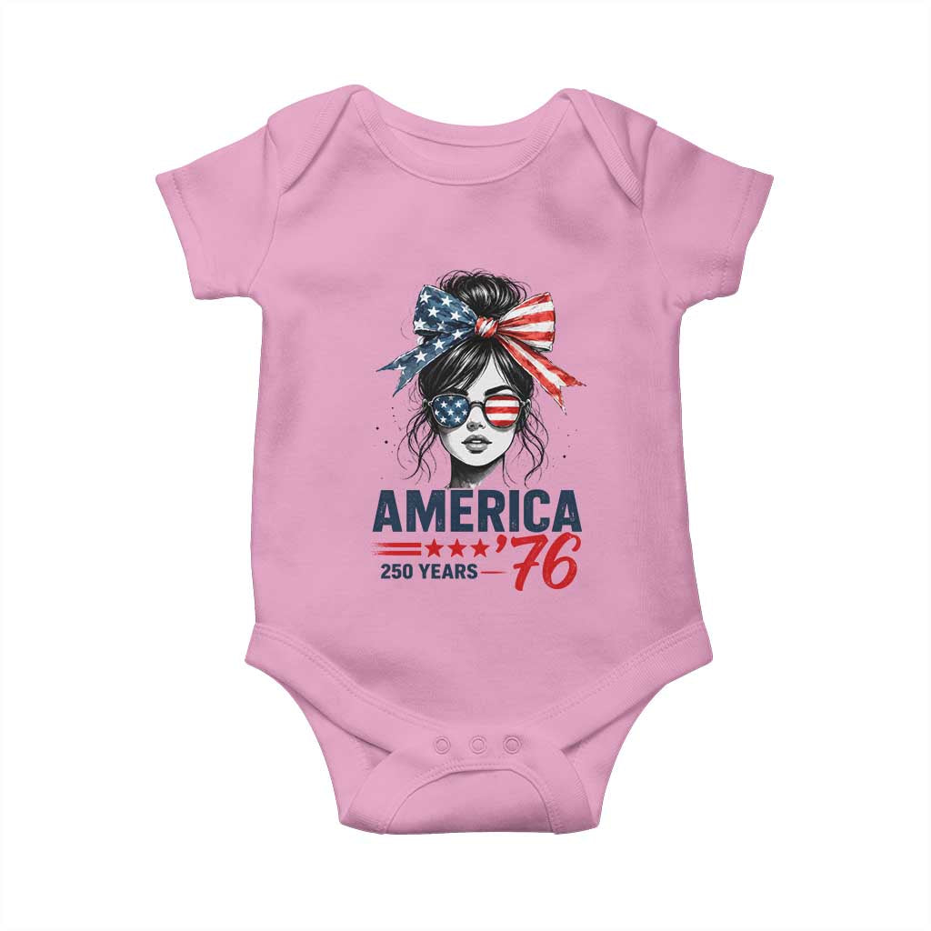 America 250 Years Baby Onesie 250th Anniversary USA Patriotic Girl Messy Bun 1776 2026