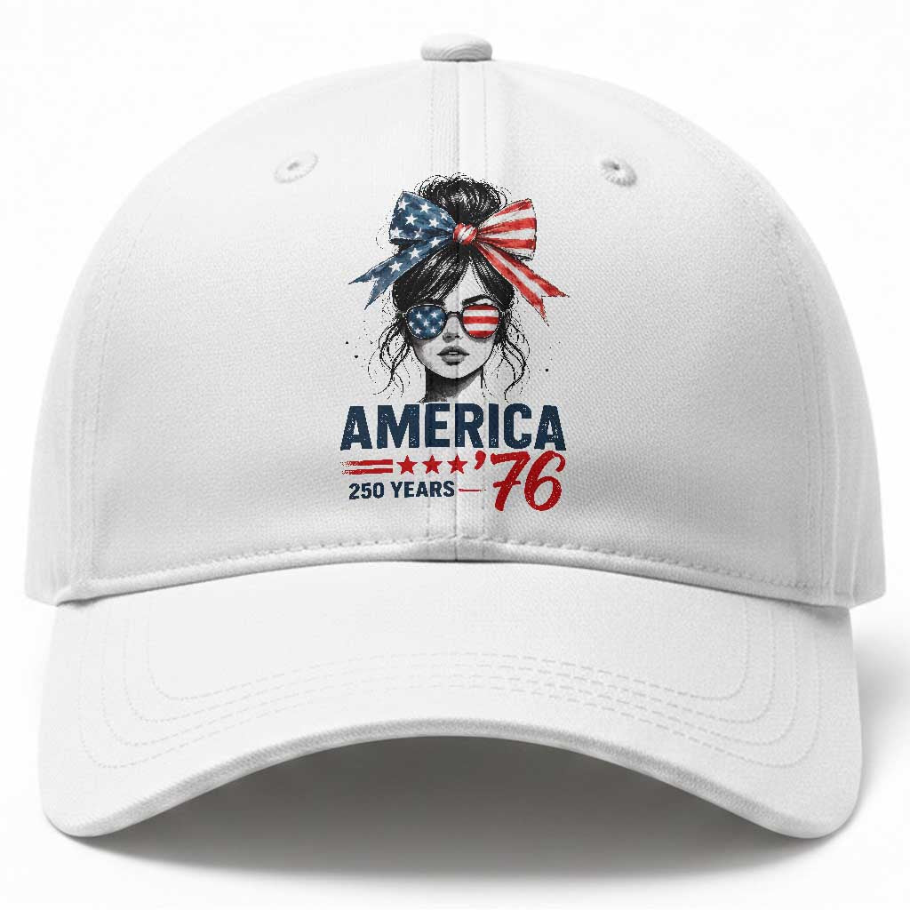 America 250 Years Baseball Cap 250th Anniversary USA Patriotic Girl Messy Bun 1776 2026