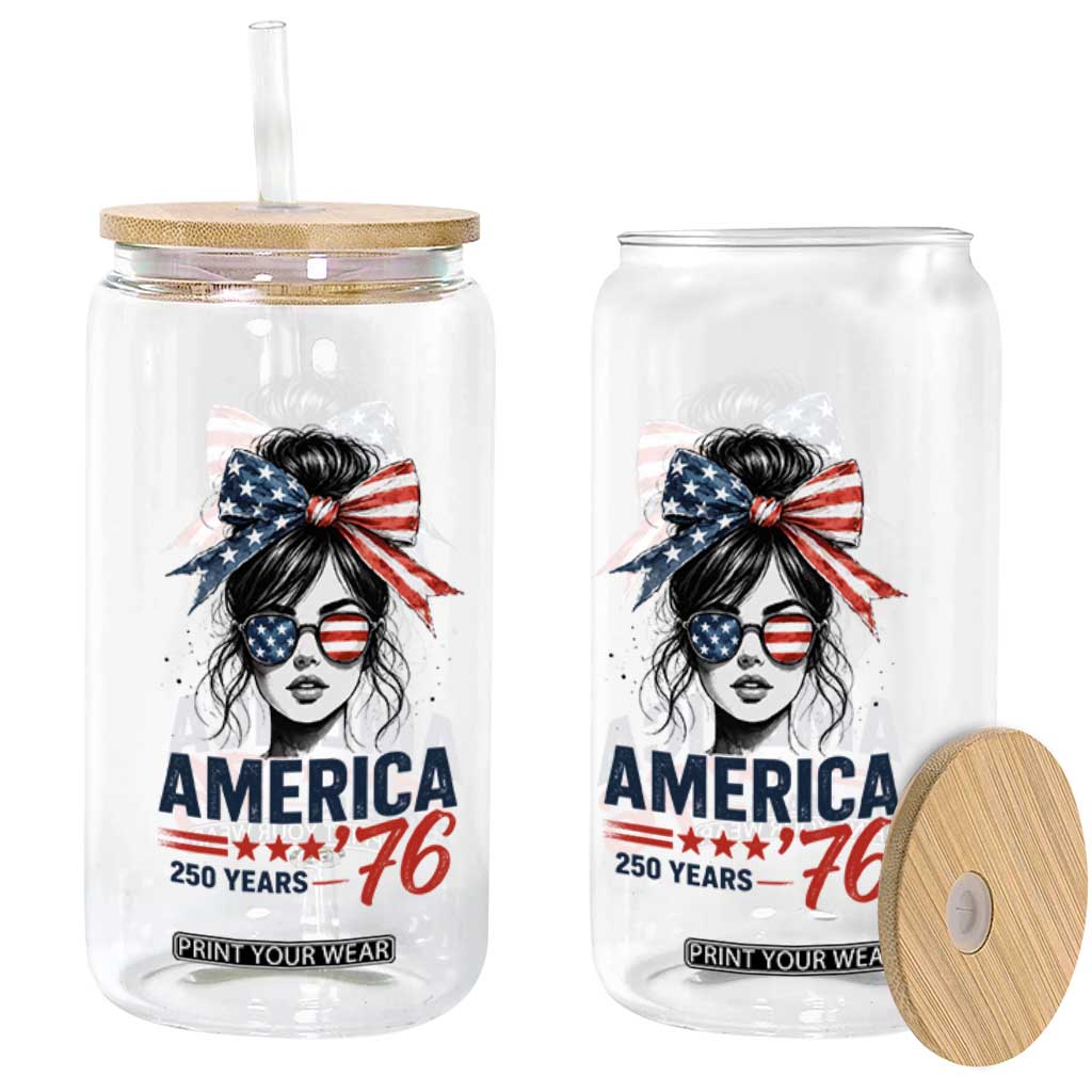 America 250 Years Glass Can 250th Anniversary USA Patriotic Girl Messy Bun 1776 2026