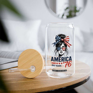 America 250 Years Glass Can 250th Anniversary USA Patriotic Girl Messy Bun 1776 2026