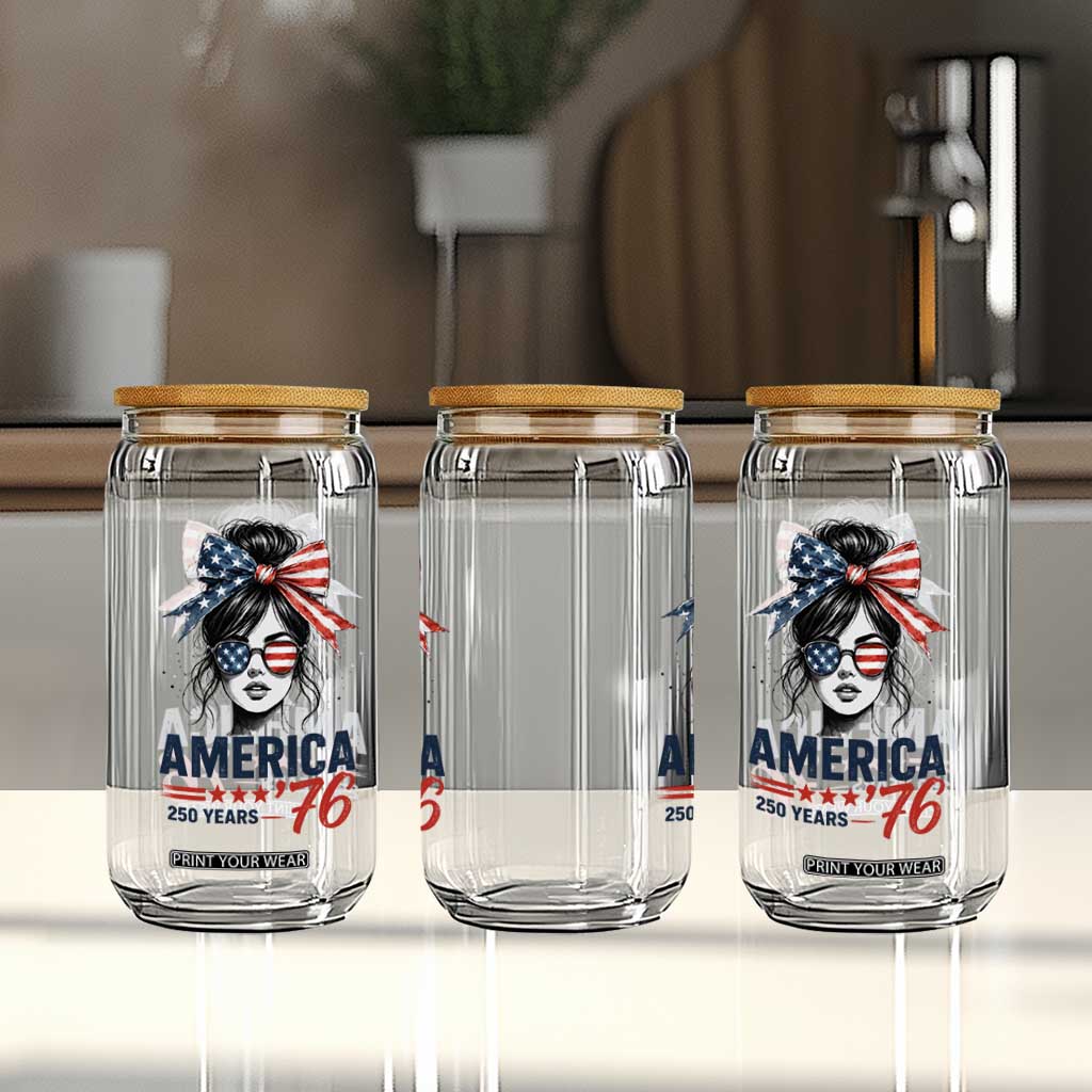 America 250 Years Glass Can 250th Anniversary USA Patriotic Girl Messy Bun 1776 2026