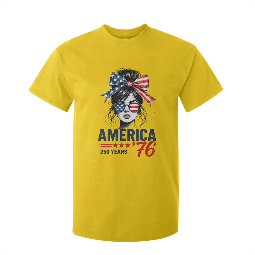 America 250 Years T Shirt For Kid 250th Anniversary USA Patriotic Girl Messy Bun 1776 2026