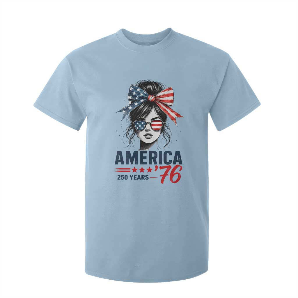 America 250 Years T Shirt For Kid 250th Anniversary USA Patriotic Girl Messy Bun 1776 2026