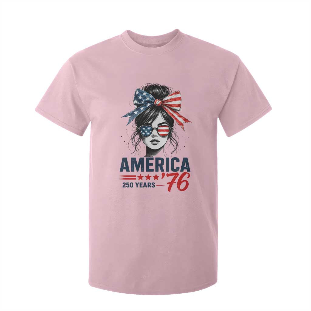 America 250 Years T Shirt For Kid 250th Anniversary USA Patriotic Girl Messy Bun 1776 2026