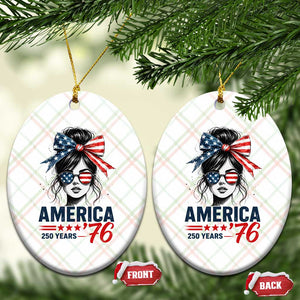America 250 Years Ceramic Ornament 250th Anniversary USA Patriotic Girl Messy Bun 1776 2026