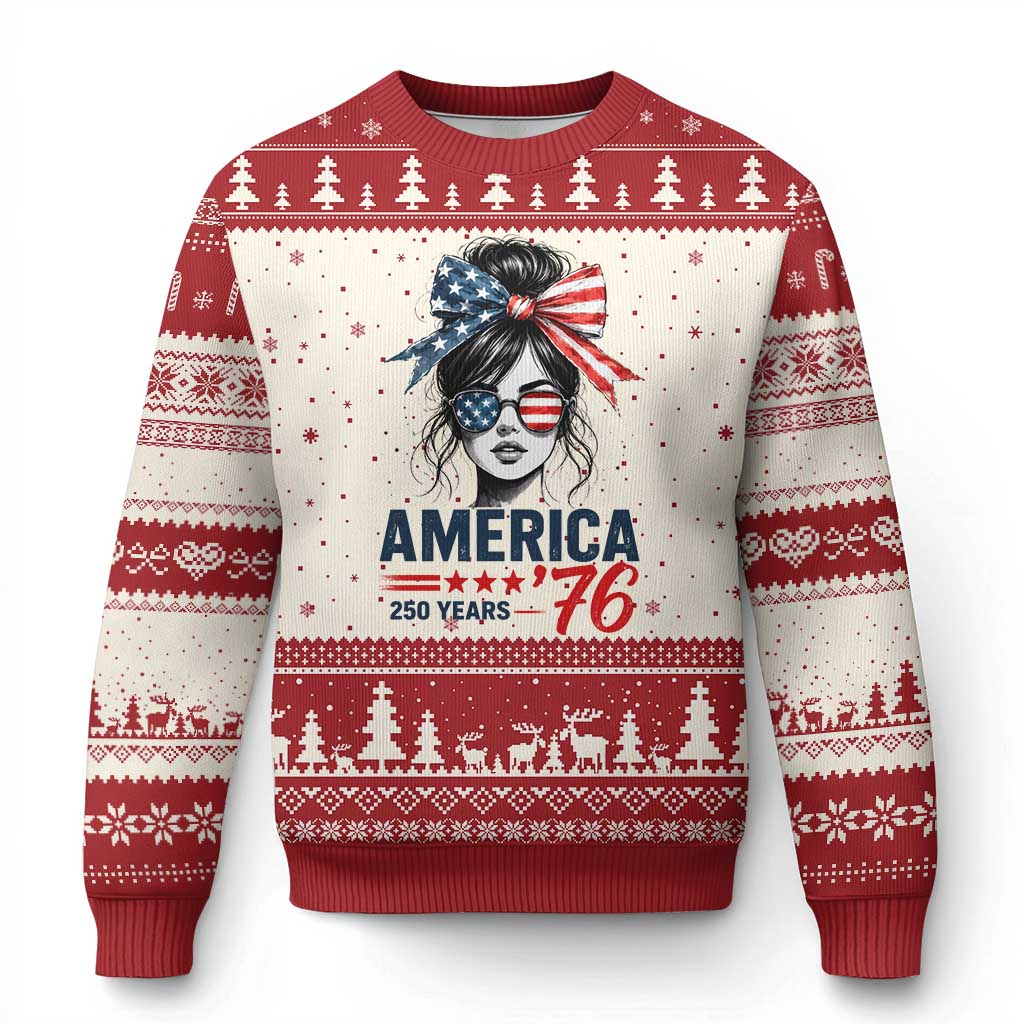America 250 Years Ugly Christmas Sweater 250th Anniversary USA Patriotic Girl Messy Bun 1776 2026 TS10 Beige Red Print Your Wear