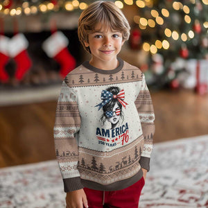 America 250 Years Ugly Christmas Sweater 250th Anniversary USA Patriotic Girl Messy Bun 1776 2026