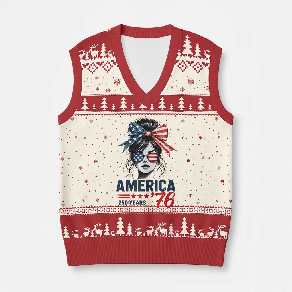 America 250 Years V-Neck Knit Sweater Vest 250th Anniversary USA Patriotic Girl Messy Bun 1776 2026