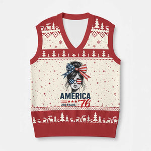 America 250 Years V-Neck Knit Sweater Vest 250th Anniversary USA Patriotic Girl Messy Bun 1776 2026