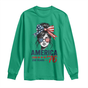 America 250 Years Long Sleeve Shirt 250th Anniversary USA Patriotic Girl Messy Bun 1776 2026