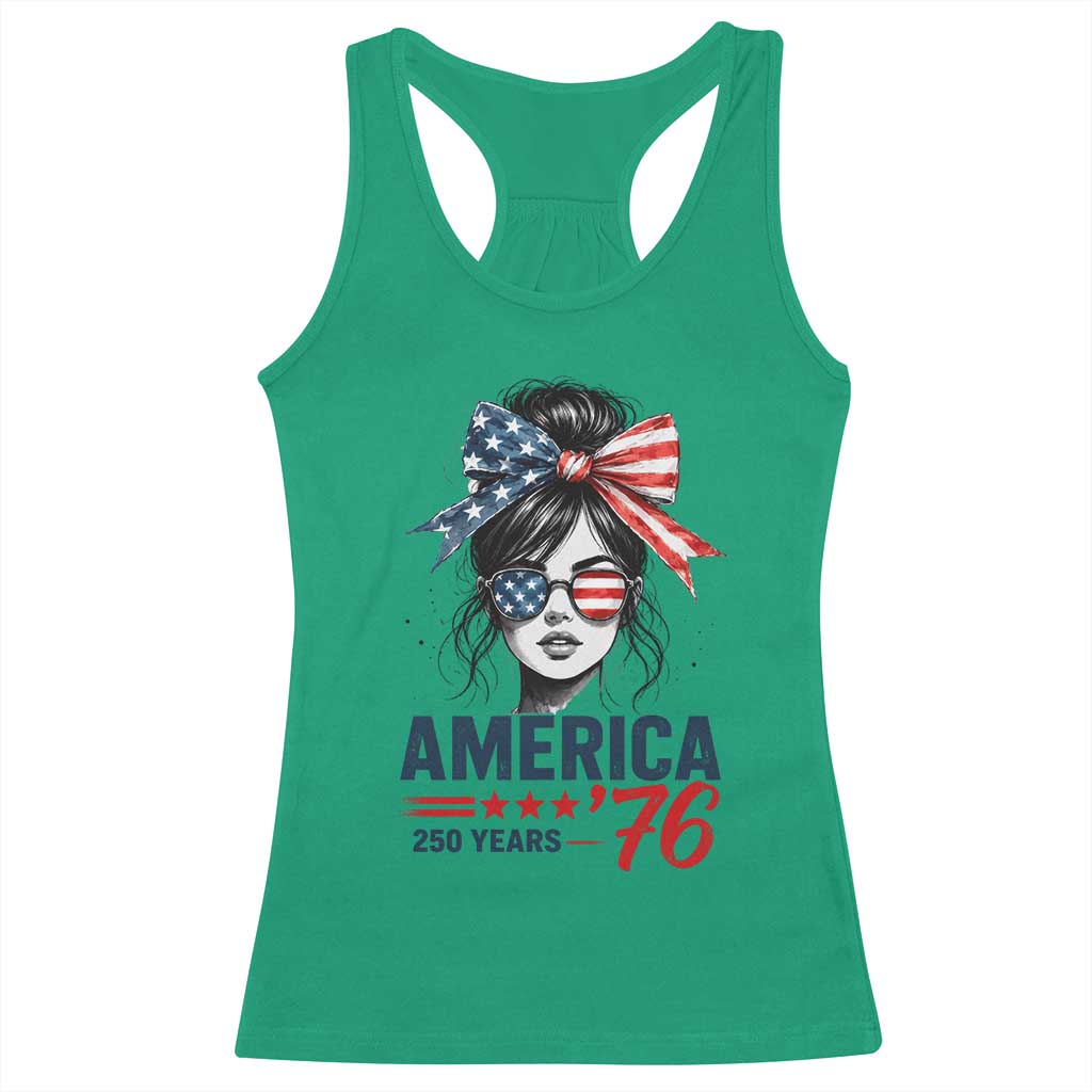 America 250 Years Racerback Tank Top 250th Anniversary USA Patriotic Girl Messy Bun 1776 2026