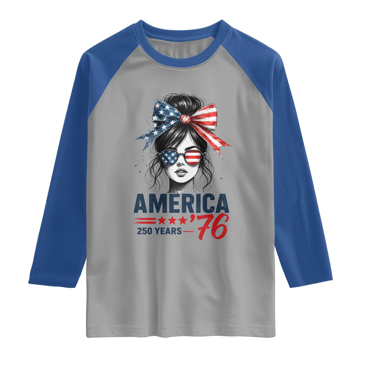 America 250 Years Raglan Shirt 250th Anniversary USA Patriotic Girl Messy Bun 1776 2026
