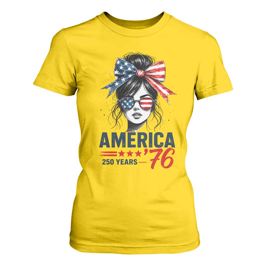 America 250 Years T Shirt For Women 250th Anniversary USA Patriotic Girl Messy Bun 1776 2026