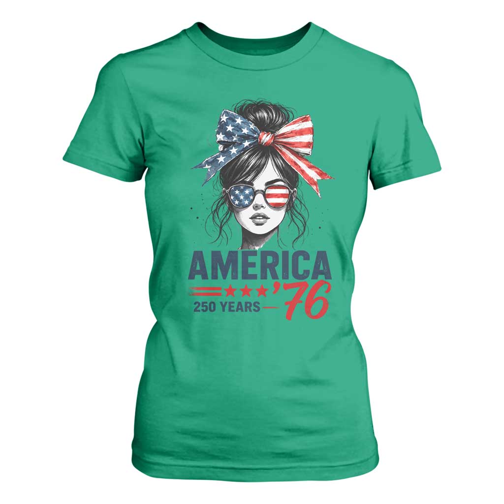 America 250 Years T Shirt For Women 250th Anniversary USA Patriotic Girl Messy Bun 1776 2026