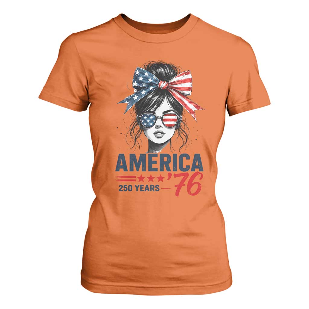 America 250 Years T Shirt For Women 250th Anniversary USA Patriotic Girl Messy Bun 1776 2026