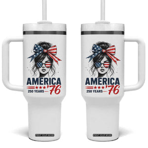 America 250 Years Tumbler With Handle 250th Anniversary USA Patriotic Girl Messy Bun 1776 2026