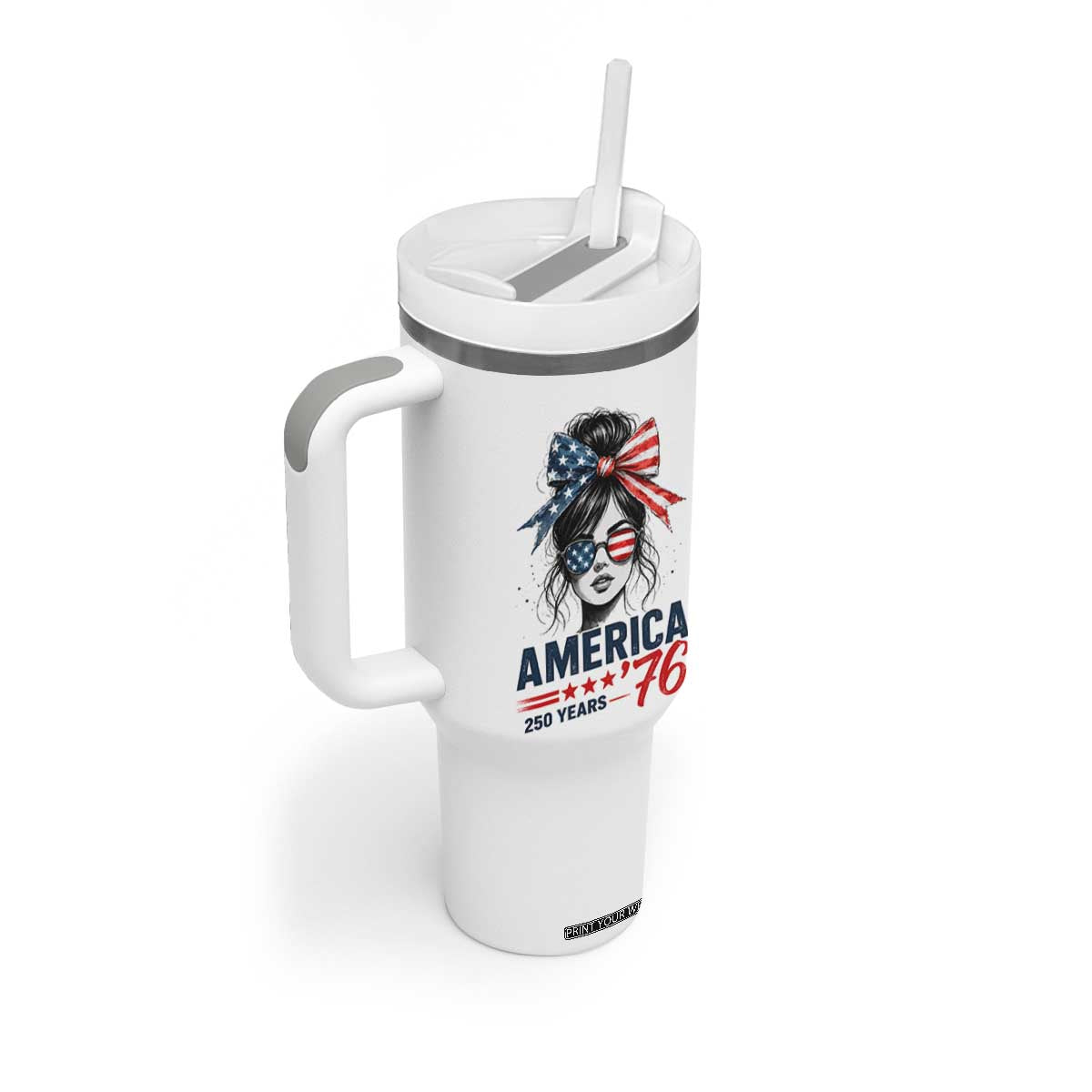 America 250 Years Tumbler With Handle 250th Anniversary USA Patriotic Girl Messy Bun 1776 2026