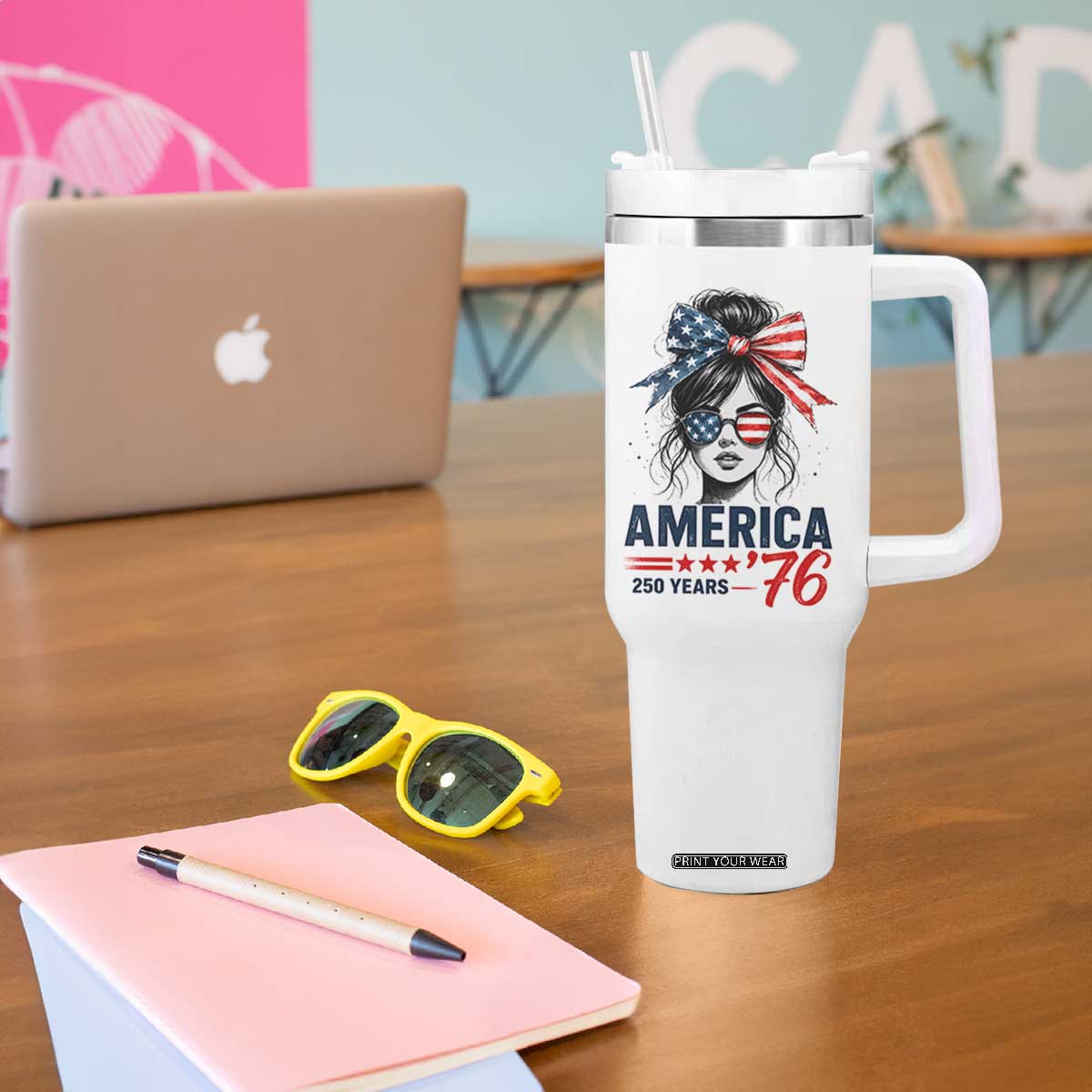 America 250 Years Tumbler With Handle 250th Anniversary USA Patriotic Girl Messy Bun 1776 2026