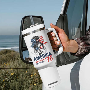 America 250 Years Tumbler With Handle 250th Anniversary USA Patriotic Girl Messy Bun 1776 2026