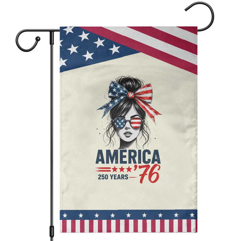America 250 Years Patriotic Garden Flag 250th Anniversary USA Girl Messy Bun 1776 2026